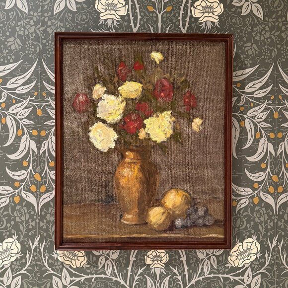 Vibrant Floral Still Life Oil Painting, Yellow & Red Roses in Gold Vase - Picture 1 of 4